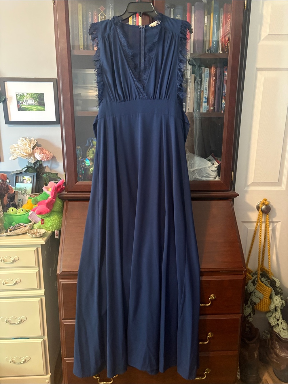 Altar’d State Navy Blue V-Neck Lace-Trim Maxi Dress